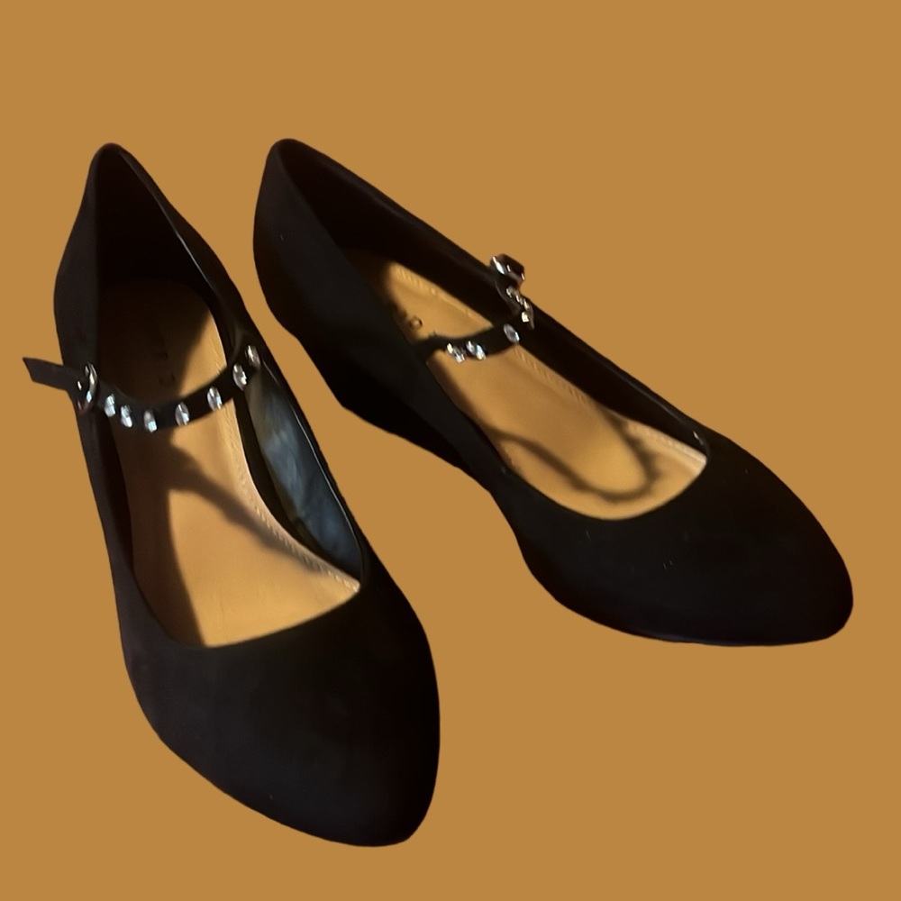 Black Torrid Mary Janes w/ Wedge Heel and Rhinestone Strap -Size 10